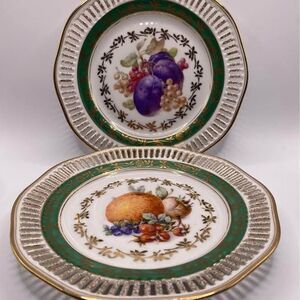 Vintage Winterling Bavaria Reticulated Fruit Plates Green Gold Lace Rim Set of 2